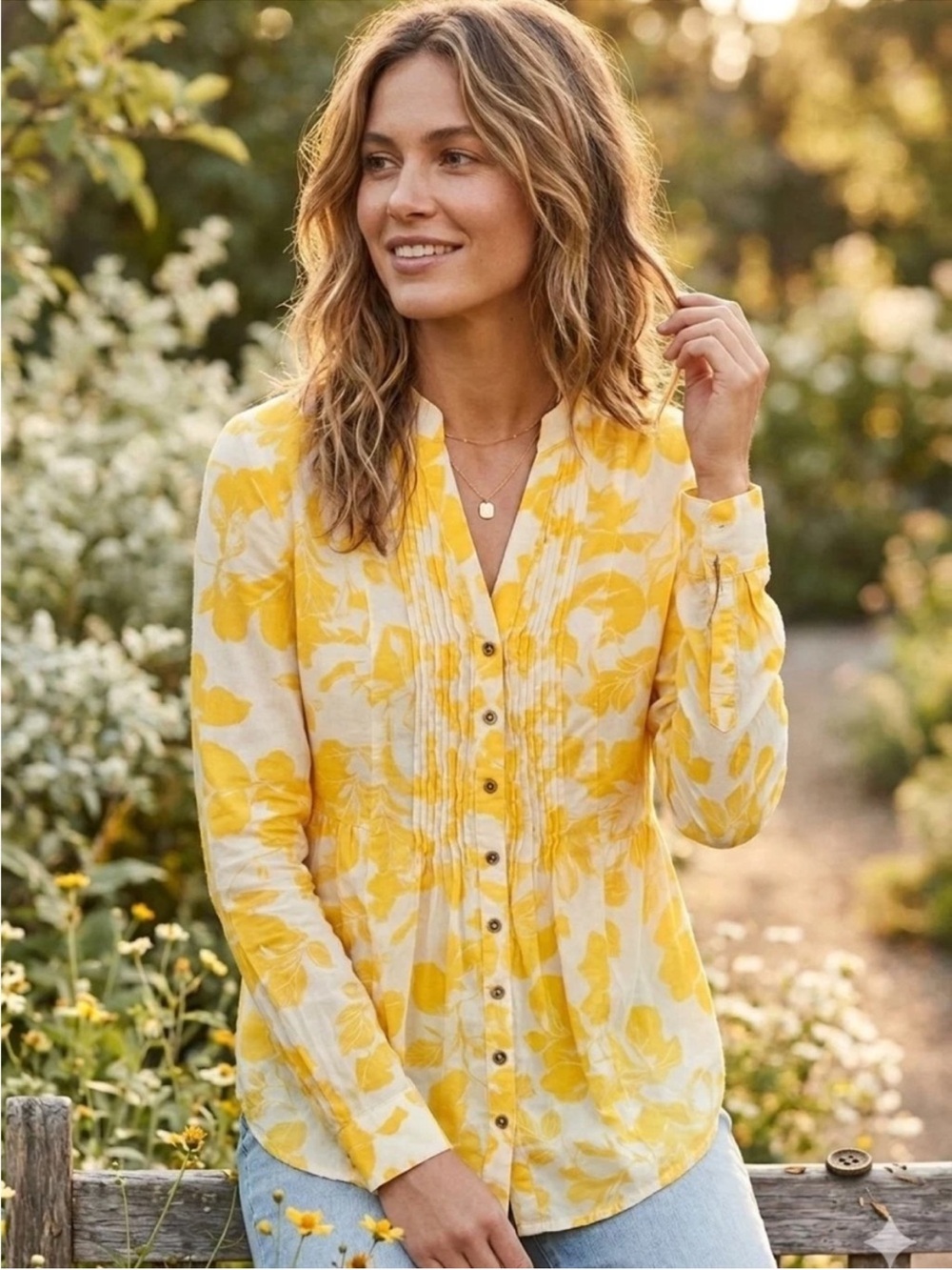 Maeve Yellow Floral Pintuck Button-Down Blouse